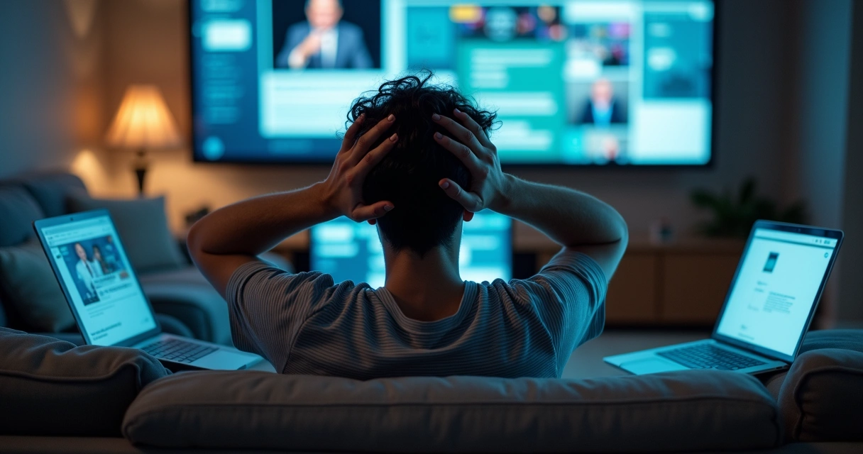 Persona rodeada de pantallas y teléfonos.