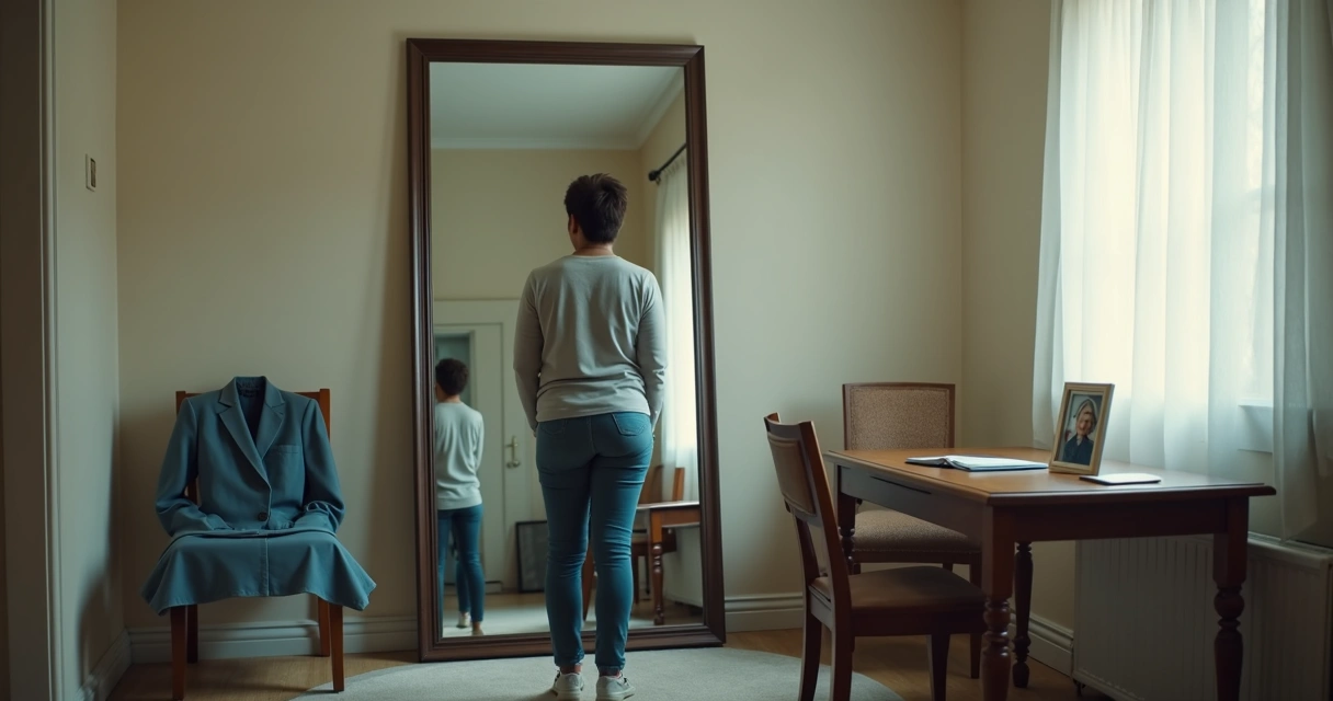 Persona frente a espejo con ropa de distintos roles sociales 