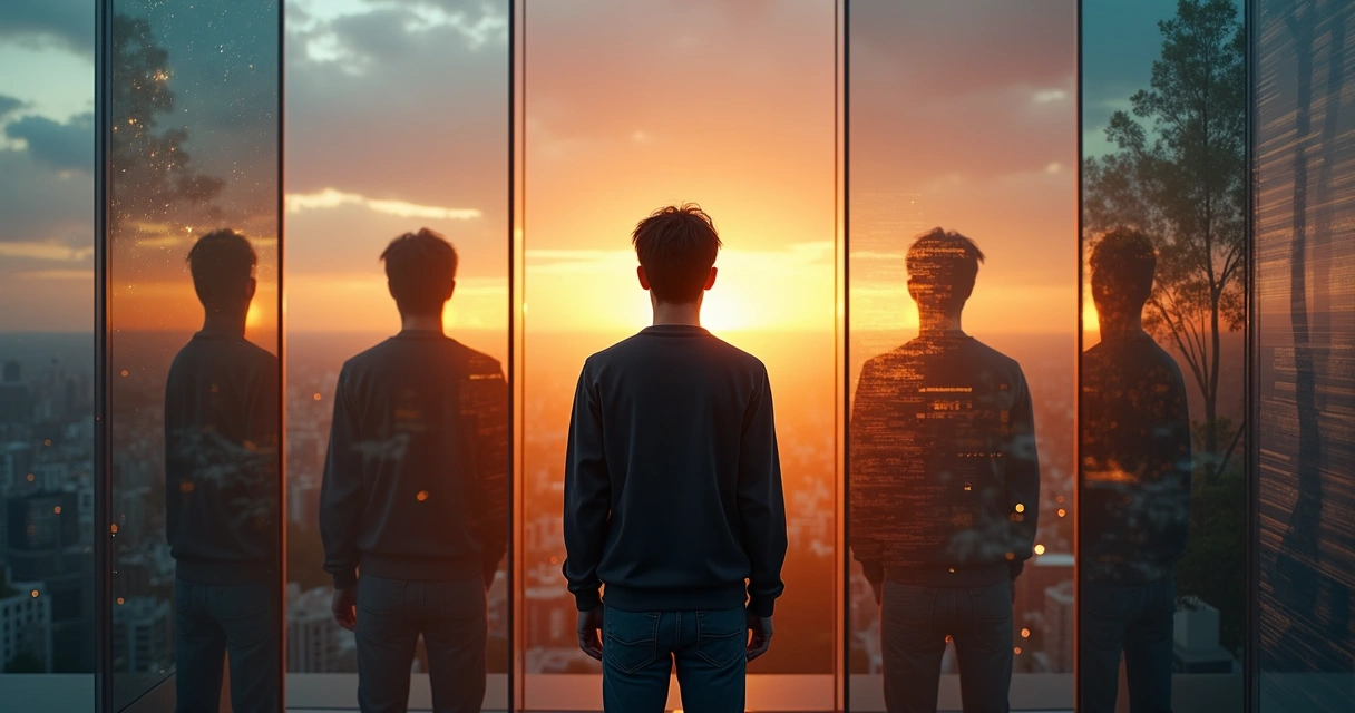 Persona mirando su reflejo múltiple en un cristal con paisajes distintos 