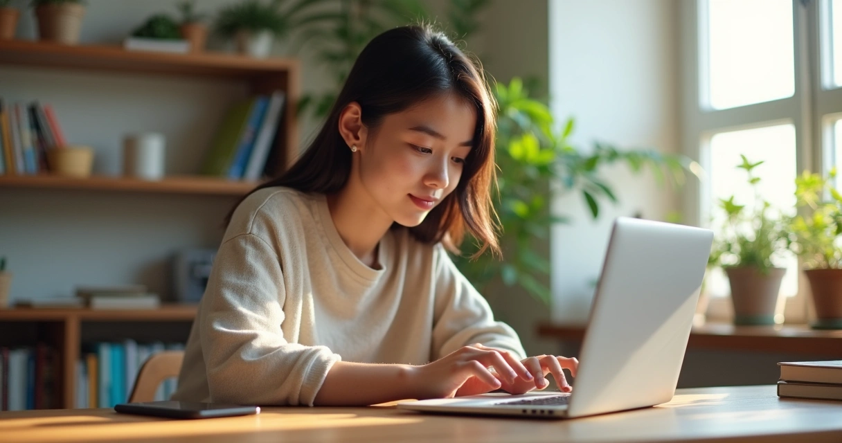 Persona usando móvil y computadora mientras publica en redes sociales 