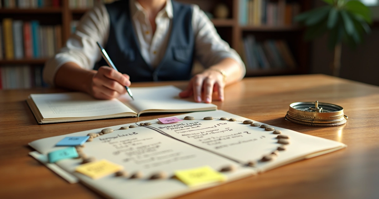 Persona observa una brújula sobre tabla llena de notas y preguntas 