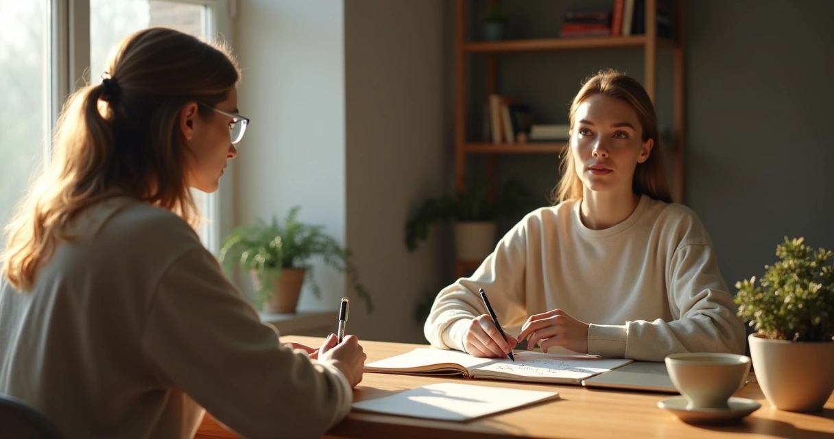 Persona sentada frente a un espejo observando su propio reflejo con libreta de notas 