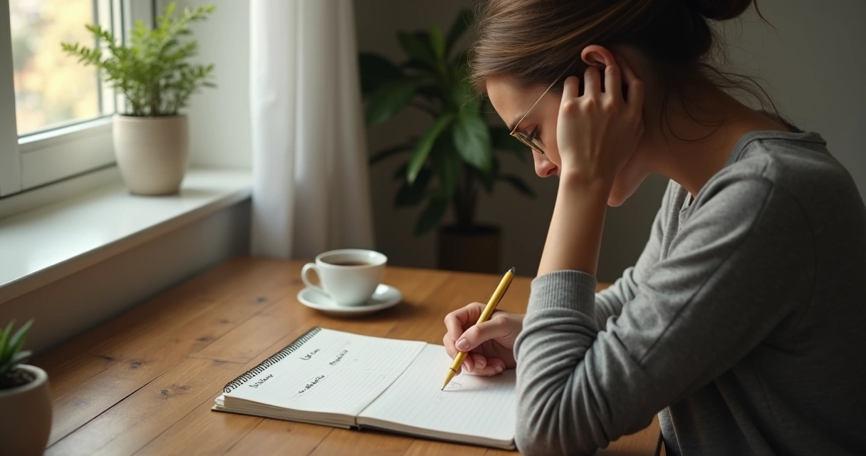 Persona escribiendo emociones en un cuaderno frente a una ventana