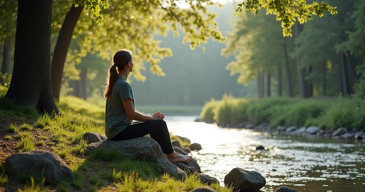 Persona sentada observando la naturaleza con atención y calma. 