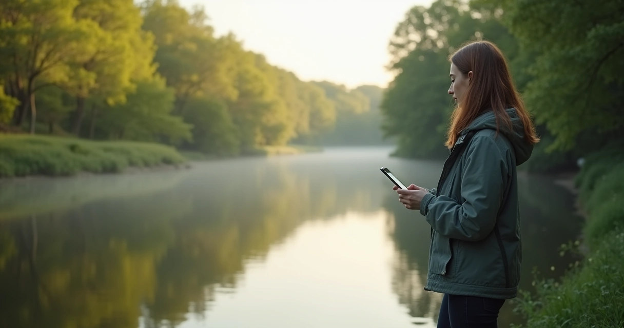 Persona de pie mirando un paisaje tranquilo junto a un río
