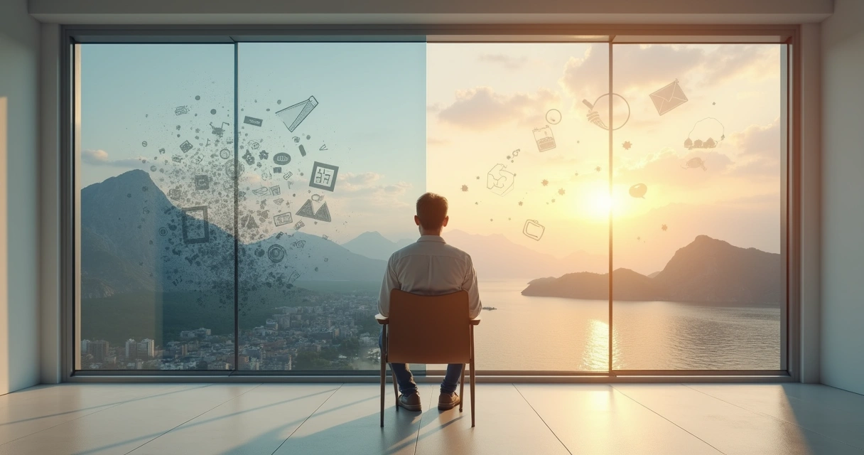 Persona observando sus pensamientos desde una ventana con paisaje dividido entre caos y claridad 