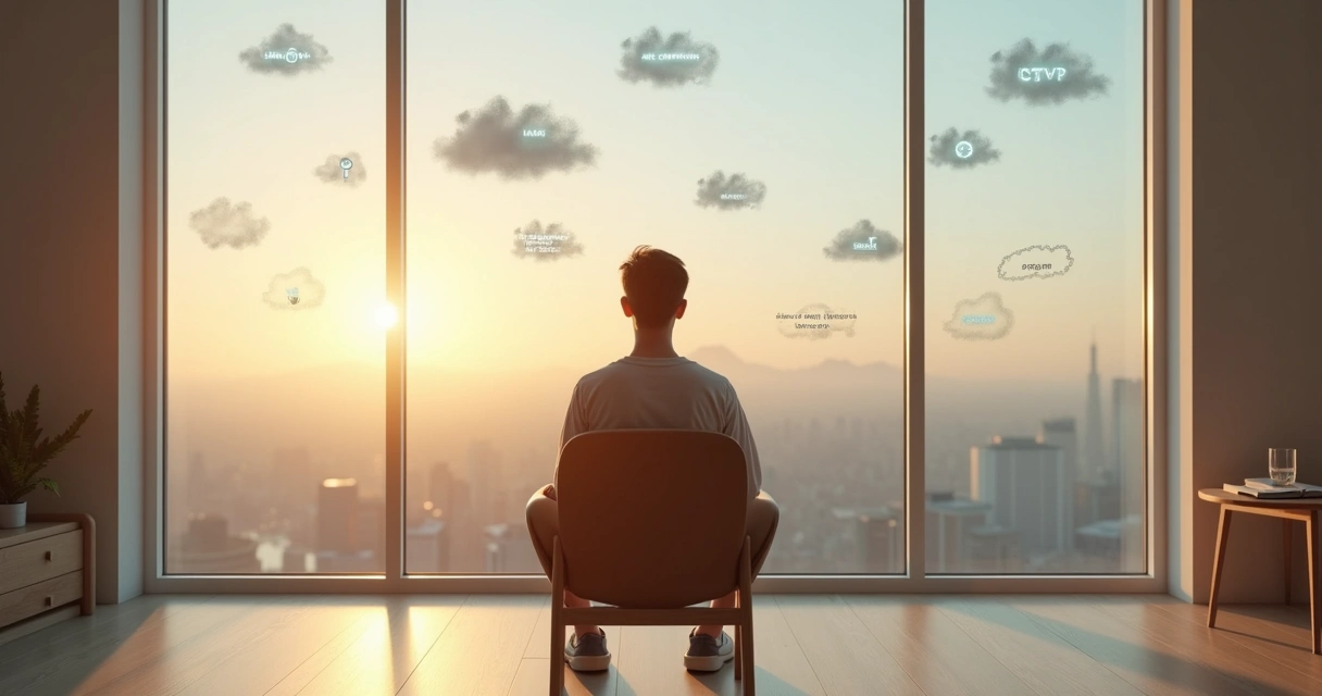 Persona observando nubes de pensamientos desde una ventana 
