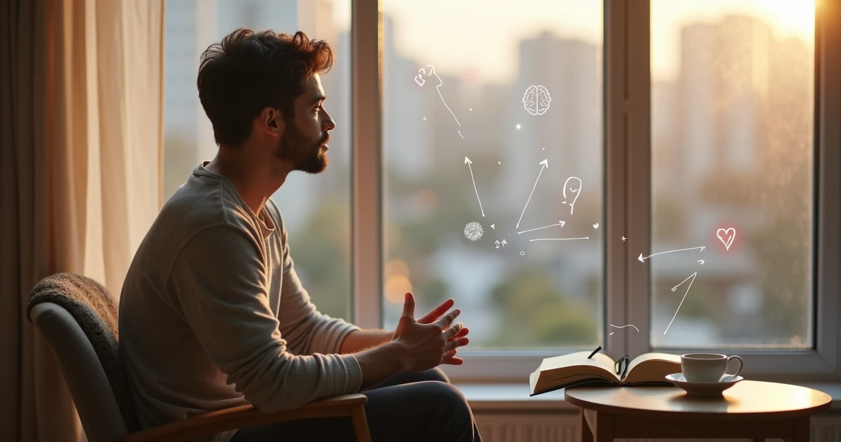 Persona sentada observando sus patrones de reacción automática frente a una ventana luminosa 