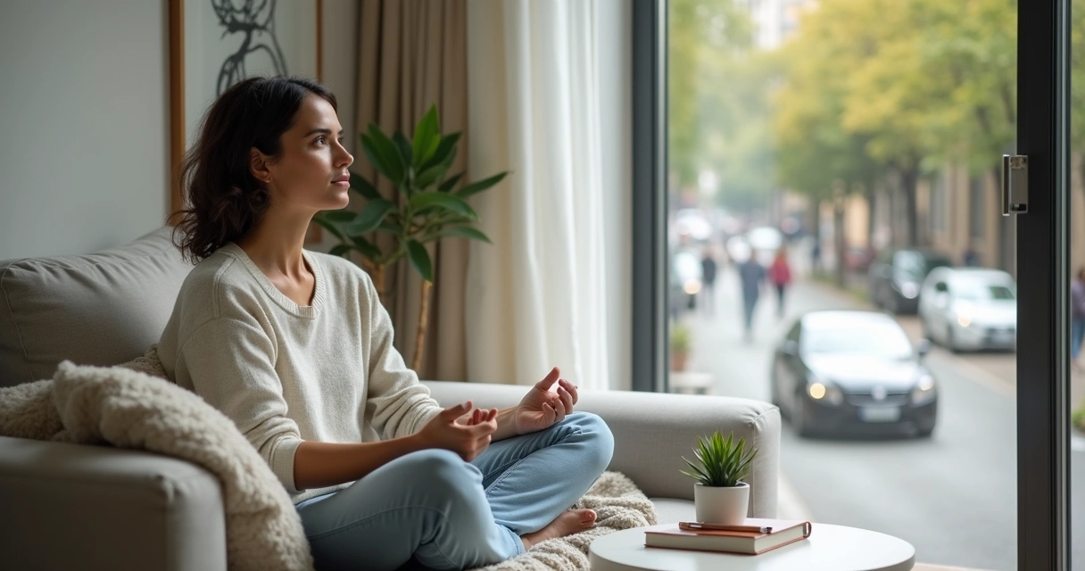 Persona sentada junto a la ventana observando la ciudad con actitud serena y contemplativa 