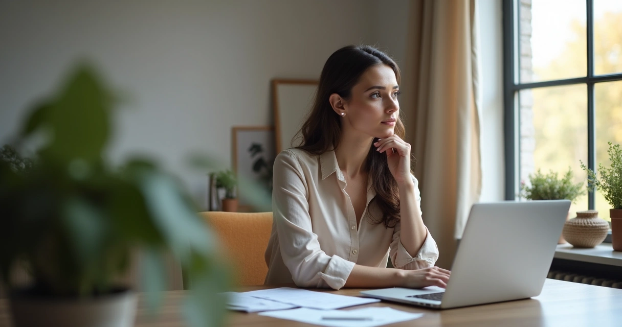 Mujer sentada en oficina reflexionando con expresión tranquila. 