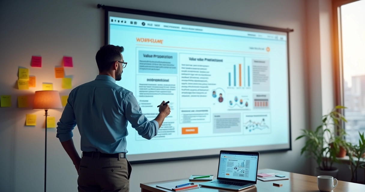 Executivo analisando layout de página de vendas B2B projetado em parede com cartões coloridos 