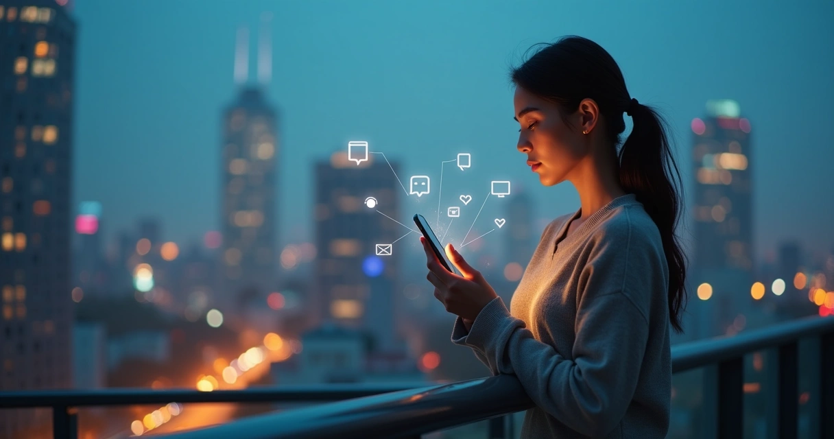 Persona joven sostiene un teléfono frente a una ciudad digital equilibrada 