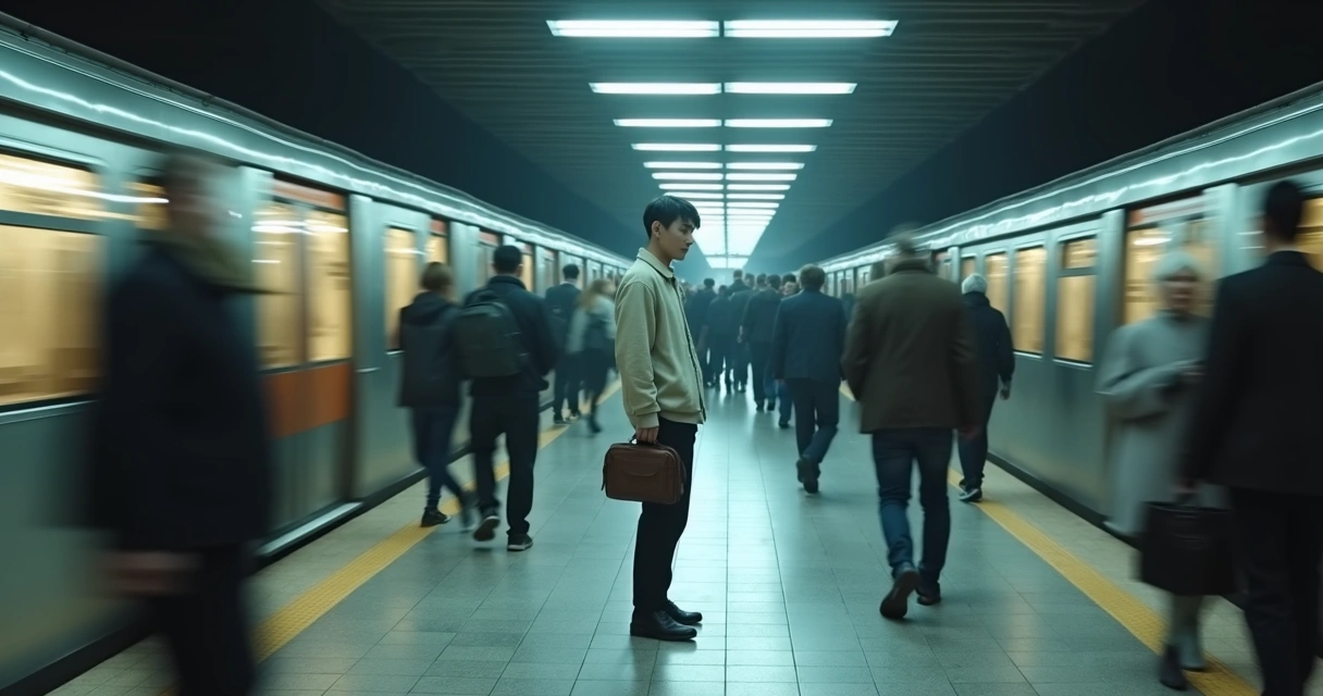 Persona quieta en un andén de metro con gente moviéndose borrosa alrededor 