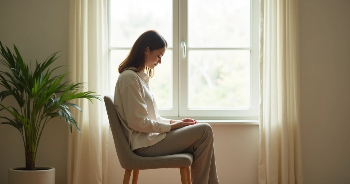 Persona sentada en silencio junto a ventana con luz suave 