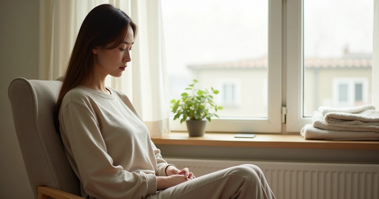 Persona sentada en silencio junto a una ventana con luz suave