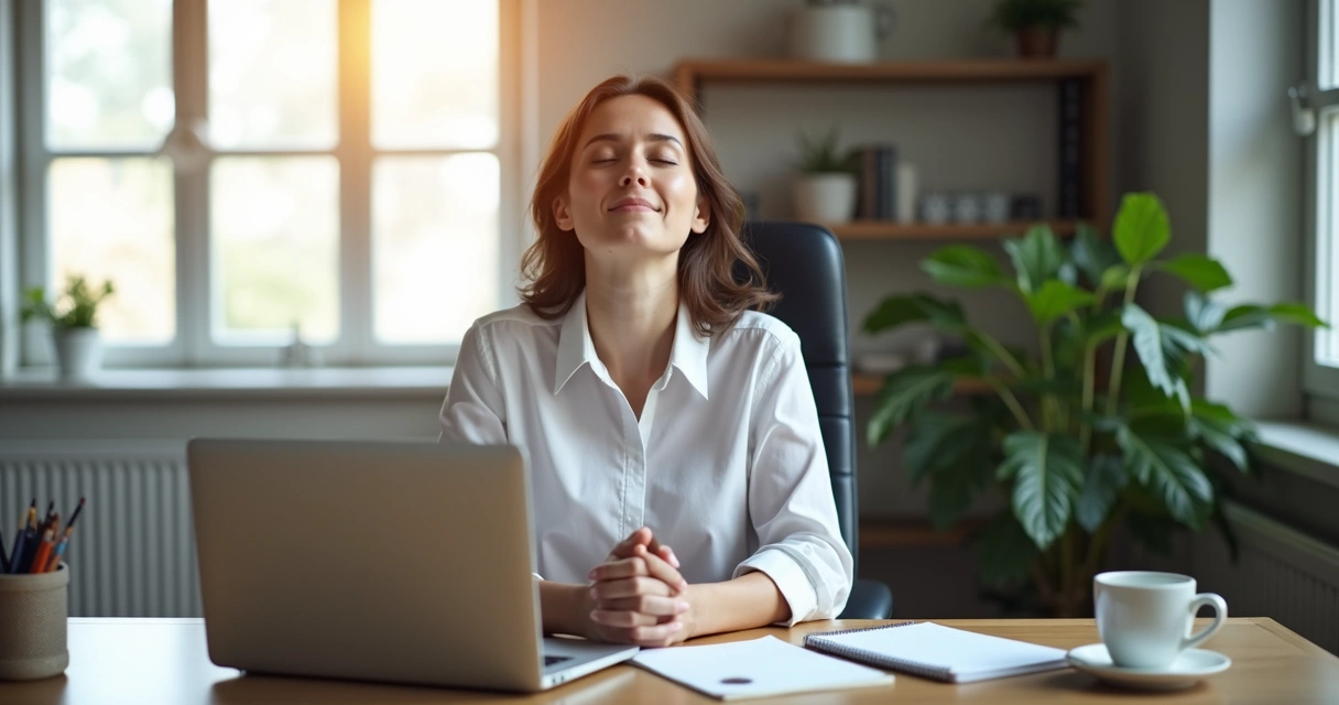 Persona sola en una oficina con ojos cerrados y respirando profundo, rodeada de lápices, computadora y taza. 
