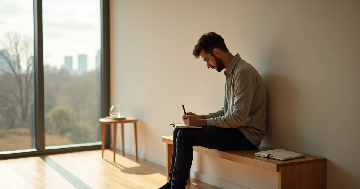 Persona sentada en silencio tomando una pausa para reflexionar sobre su desarrollo personal 