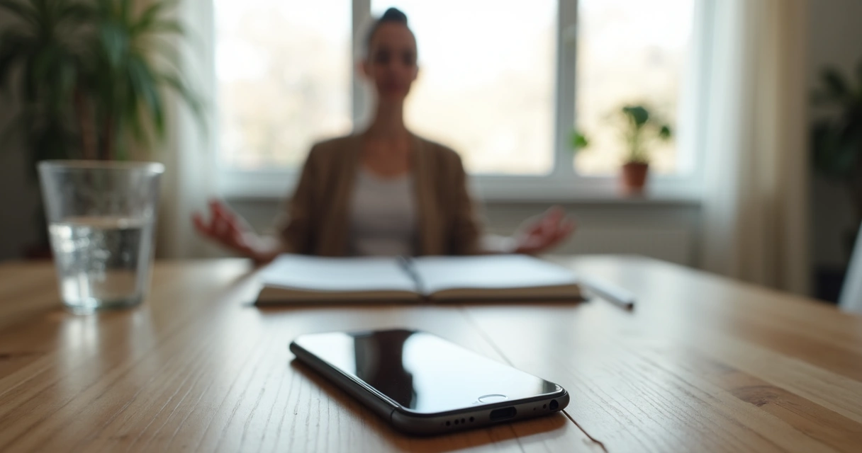 Persona respirando lejos del móvil sobre una mesa