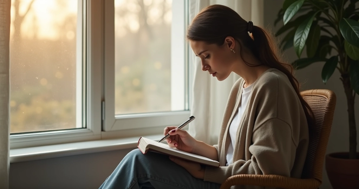 Persona sentada junto a una ventana escribiendo en un diario personal