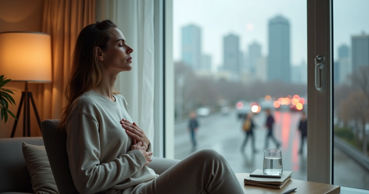 Persona sentada junto a ventana practicando respiración consciente en medio de una ciudad en crisis 