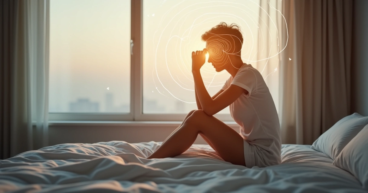 Persona reflexionando con espirales de pensamientos repetitivos alrededor de la cabeza 