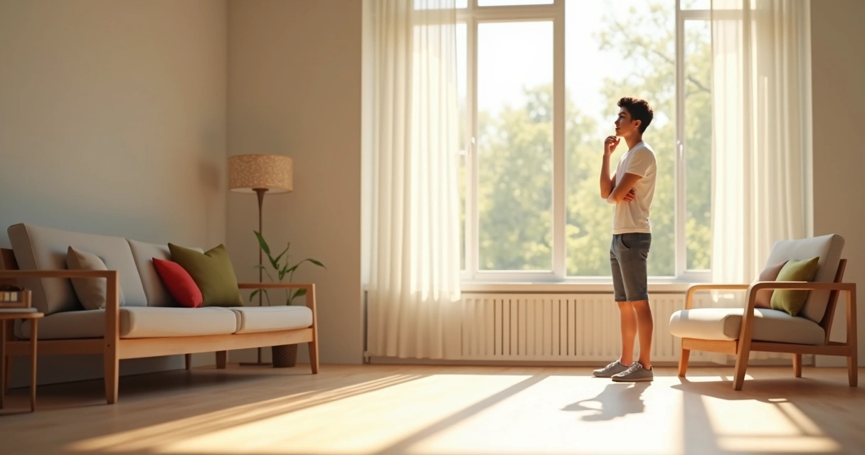 Persona en una habitación luminosa mirando por la ventana, expresión pensativa 