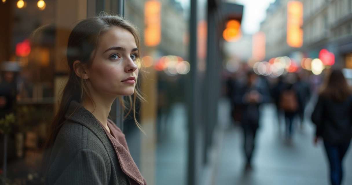 Mujer joven mirando su reflejo en un escaparate, rodeada de siluetas difusas de personas