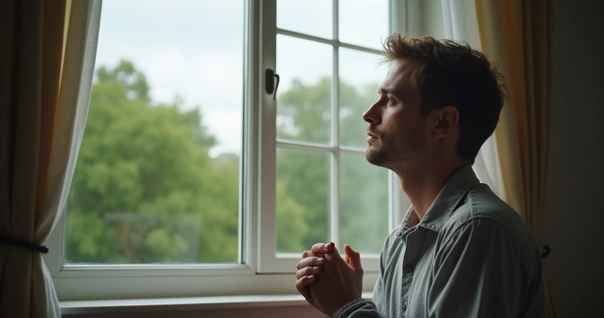 Persona mirando por la ventana vestida informal, con expresión reflexiva y luz suave entrando 