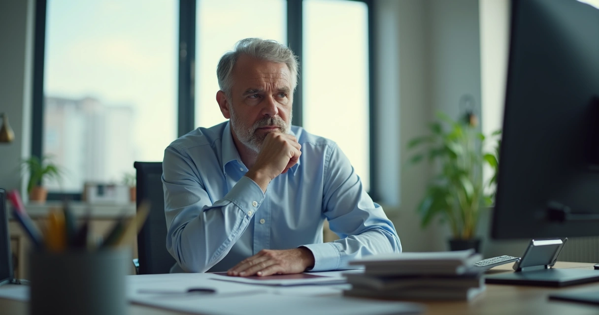 Hombre pensativo sentado en una oficina moderna