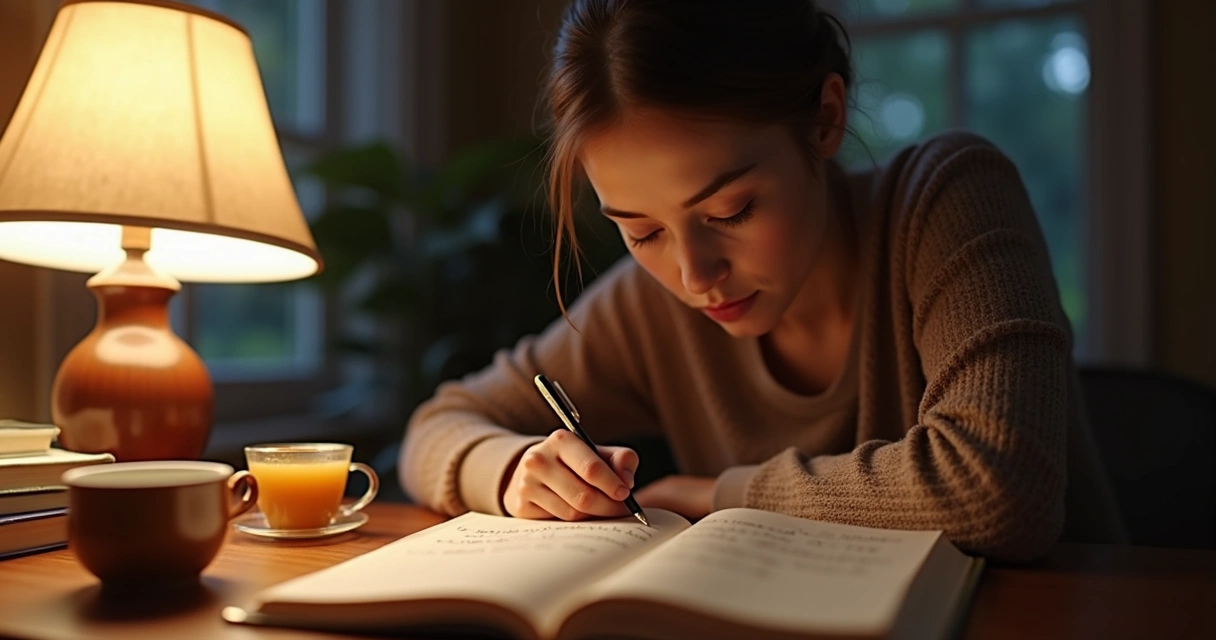 Persona escribiendo diálogos internos en un diario personal 