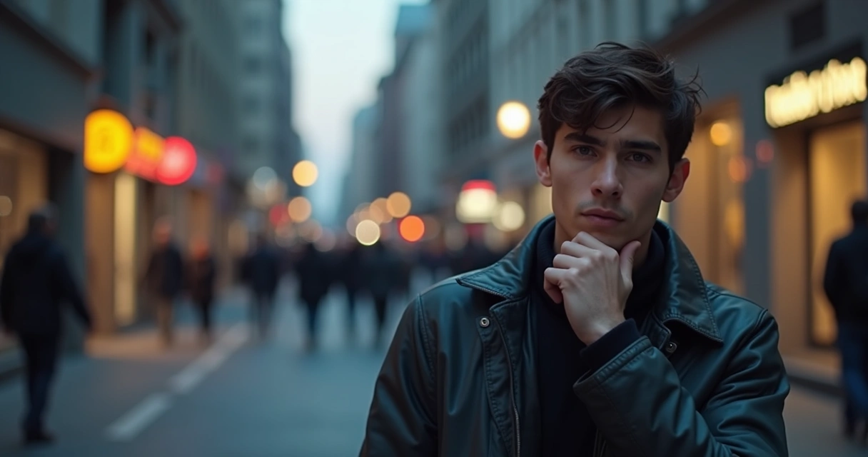 Persona reflexionando sobre una decisión ética en un entorno urbano moderno.