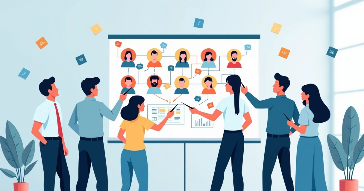 Imagem com pessoas em torno de um quadro organizando ideias sobre perfis de consumidores 
