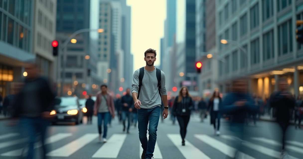 Persona caminando distraída entre la multitud en una ciudad moderna 