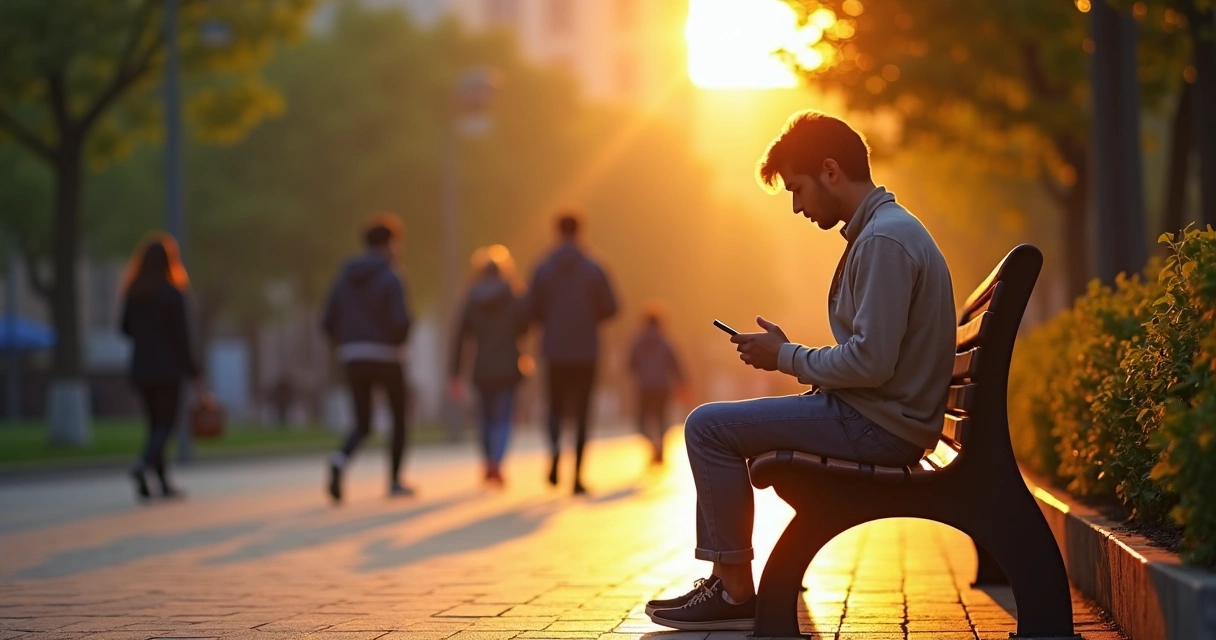Persona sentada en un banco mitad distraída mitad consciente 