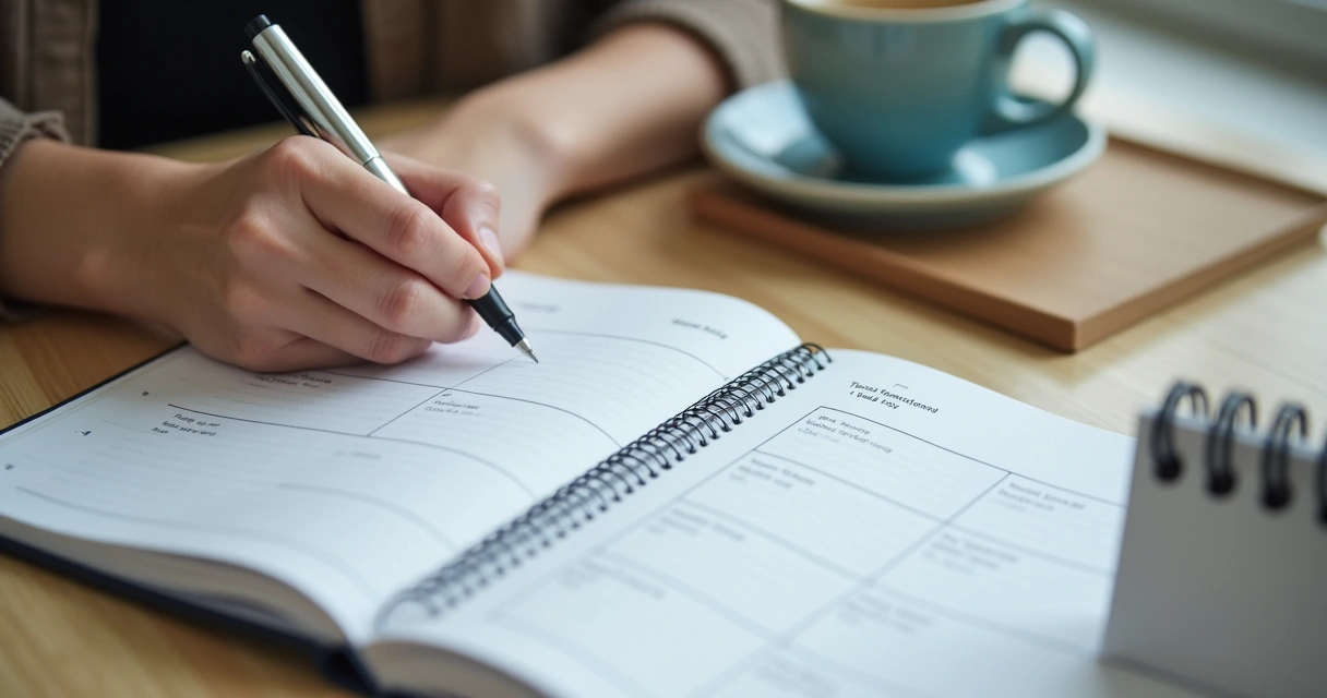 Persona escribiendo en agenda junto a taza y calendario 