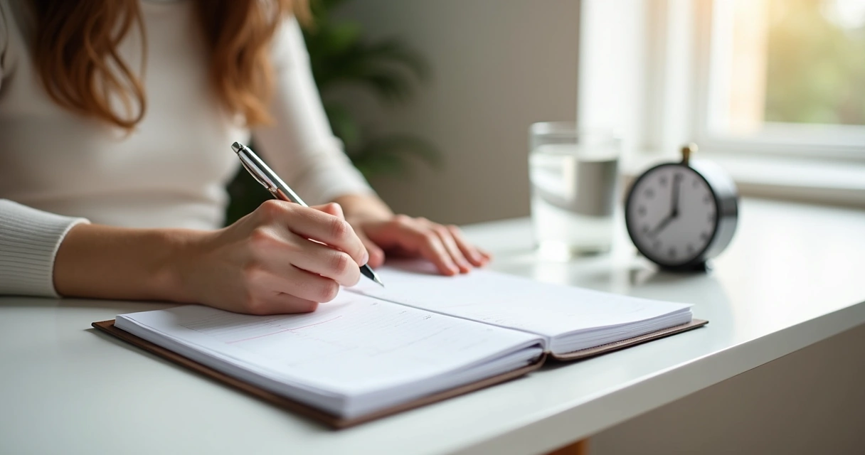 Persona escribiendo un plan breve con reloj y luz natural