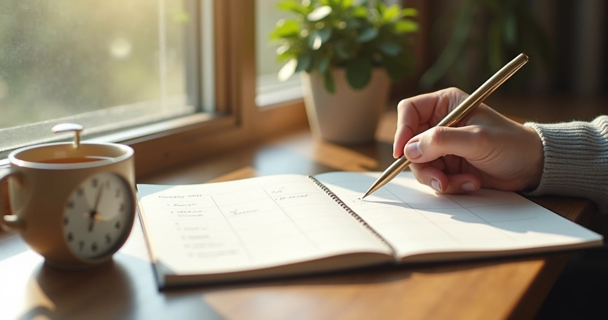 Persona escribiendo un plan diario en un cuaderno junto a un reloj y una taza