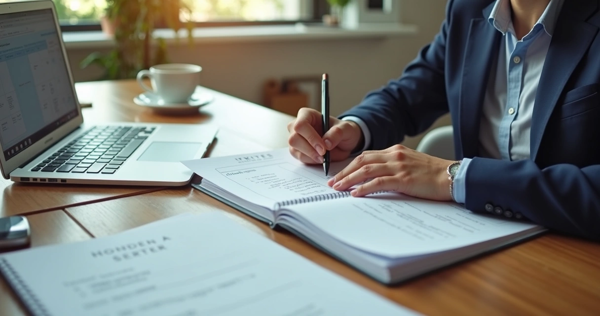 Persona escribiendo un plan de trabajo en un escritorio ordenado