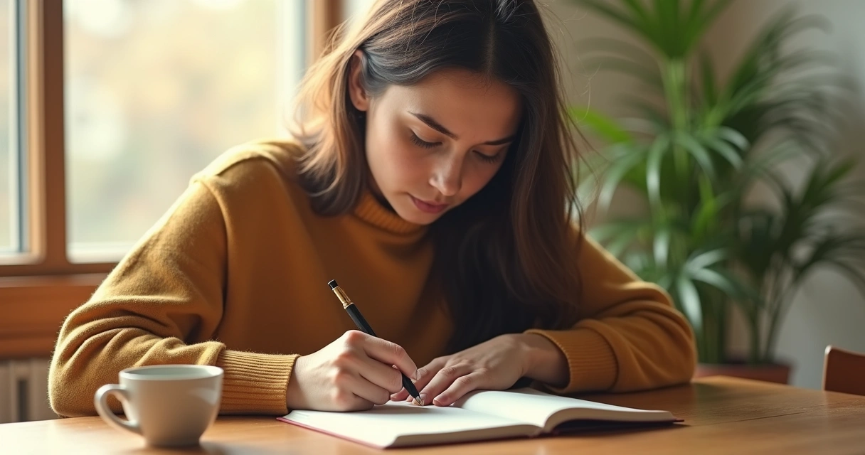 Persona anotando reflexiones en diario en una mesa luminosa