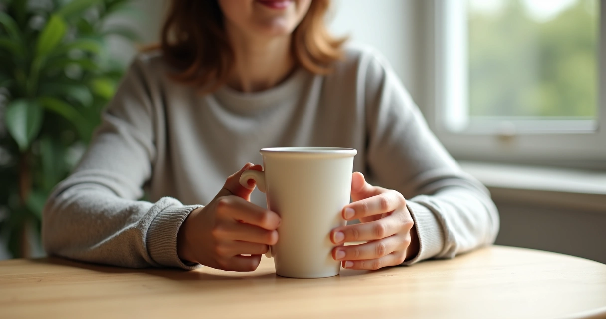 Persona practicando mindfulness mientras sostiene una taza de café en una mesa de madera 