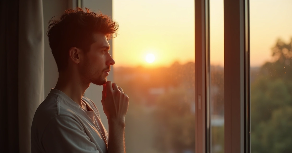 Persona pensativa mirando por la ventana, con luz suave al atardecer 