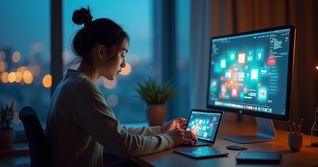 Persona usando el móvil de forma consciente frente a una pantalla llena de notificaciones borrosas 