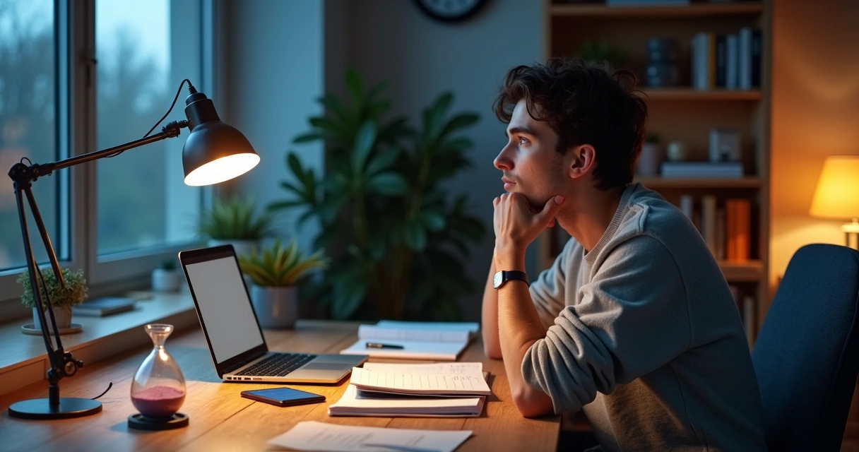 Persona pensando frente a su escritorio lleno de tareas sin empezar 