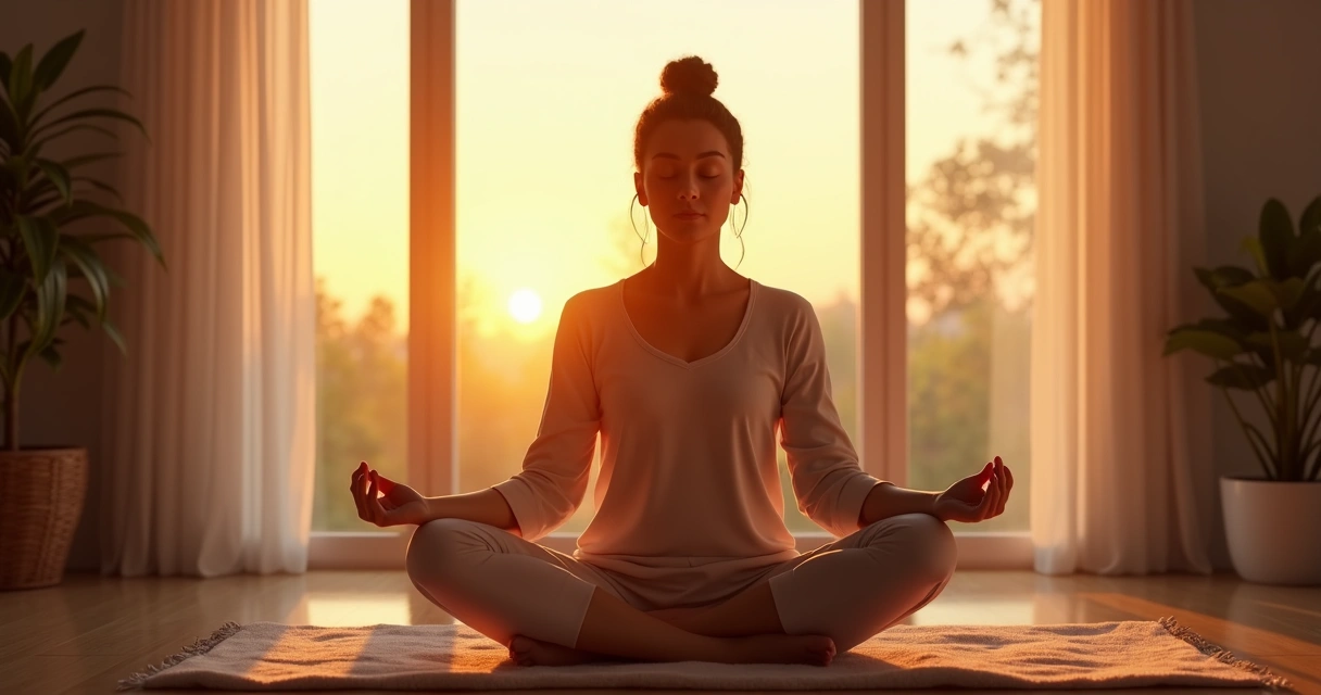 Persona sentada en postura de meditación en ambiente sereno 