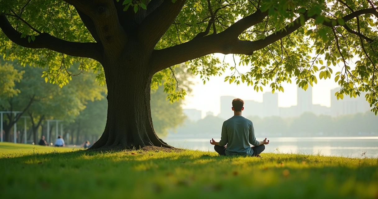 Persona sentada meditando bajo un árbol 