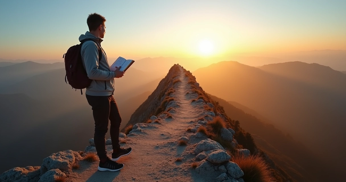 Persona sola en una cumbre rocosa revisando un cuaderno al amanecer 