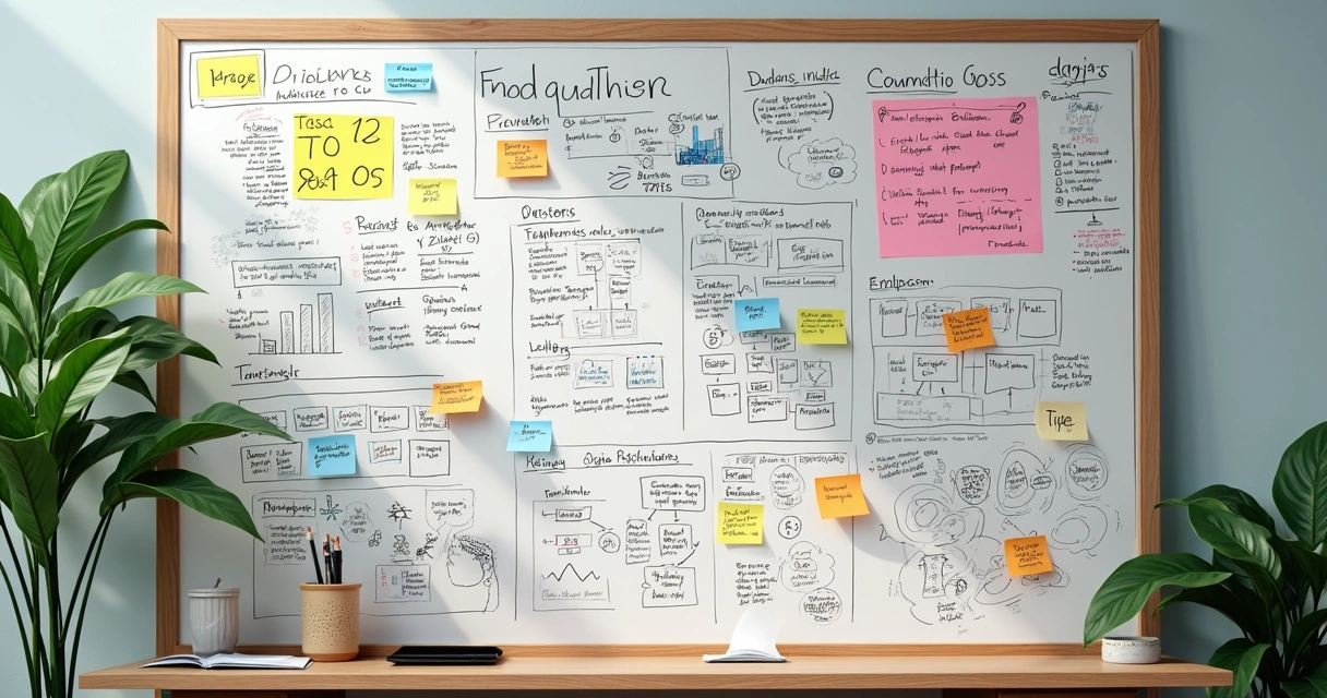 Quadro branco com desenhos e informações sobre persona de público digital 