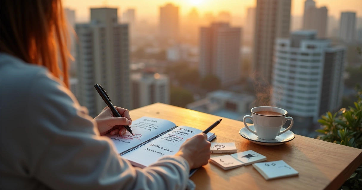 Persona contemplando la ciudad mientras escribe una nueva definición de éxito en un cuaderno 