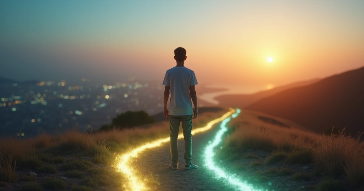 Persona reflexionando sobre sus valores personales frente a tres caminos iluminados 