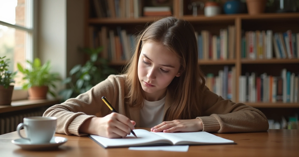 Persona sentada escribiendo en una libreta, revisando y corrigiendo su pregunta
